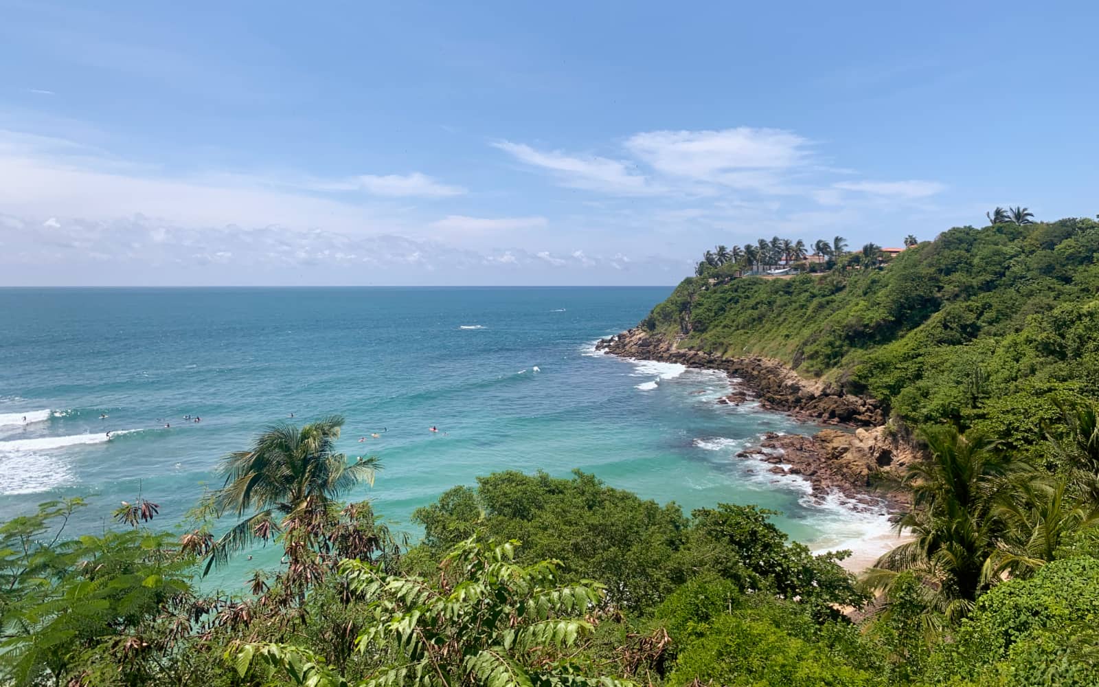 Green foliage and rocky shoreline in foreground with turquoise ocean in background