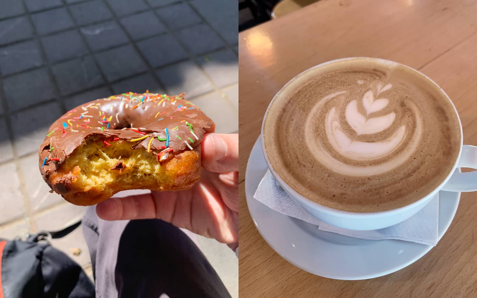 Donut with chocolate icing and rainbow sprinkles next to cappuccino in mug