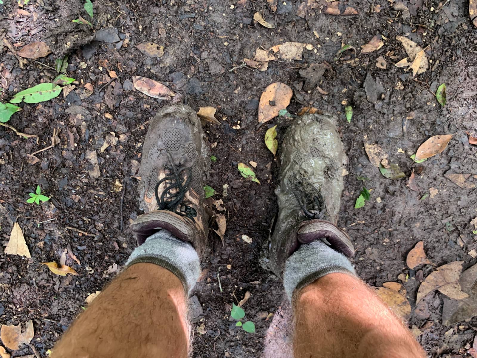 Left and right hiking boots covered with thick mud