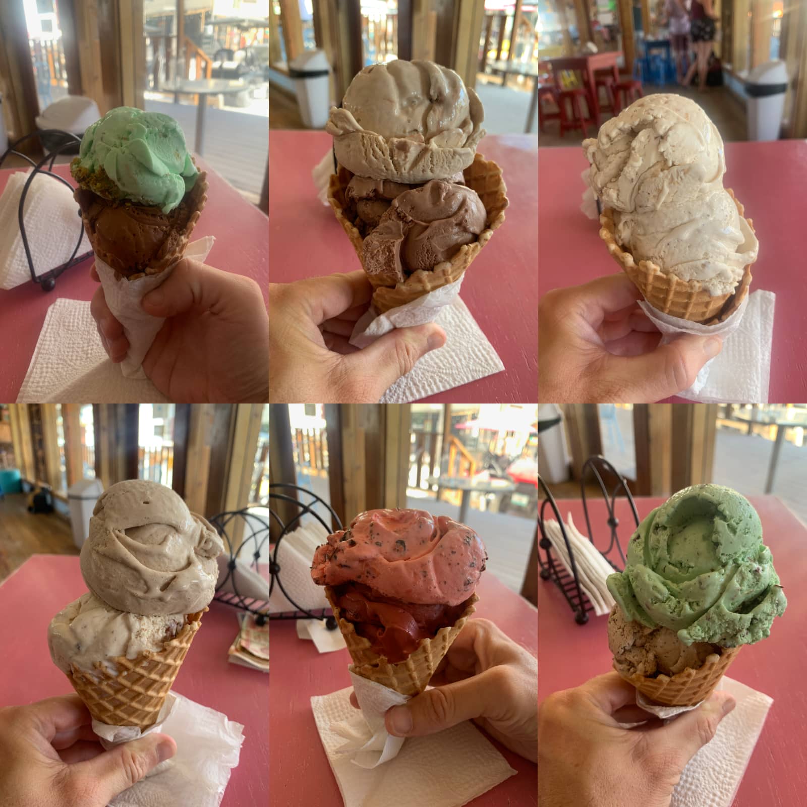 Six different ice cream cones with scoops that are red, green, and beige in colour