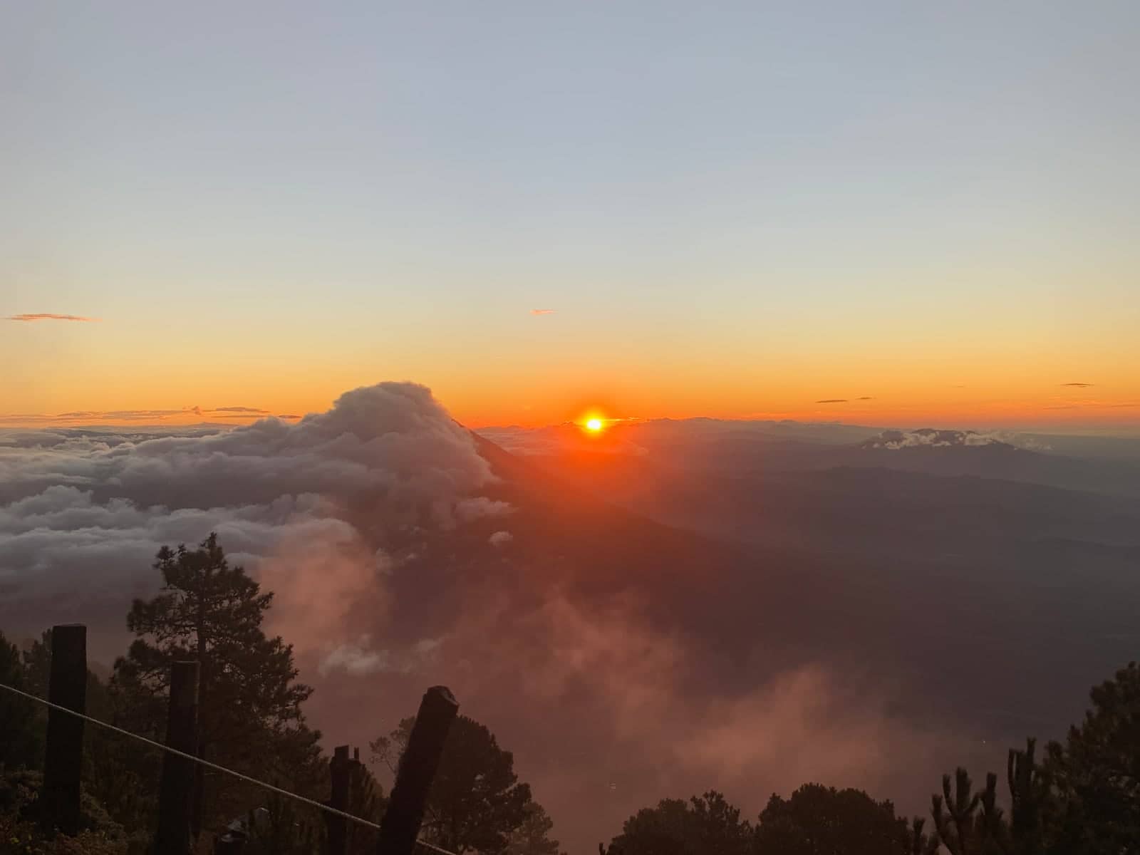 Red orange sun rising in the background with wispy clouds and pine trees in the foreground