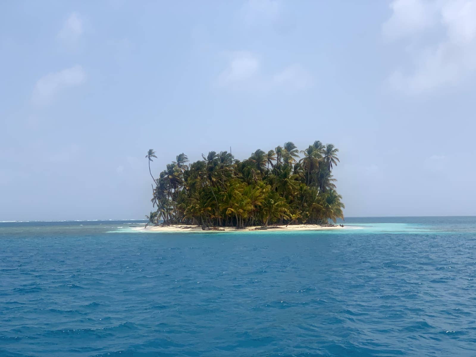 A small white sand island with coconut palm trees growing on it, surrounded by blue and turquoise coloured ocean water